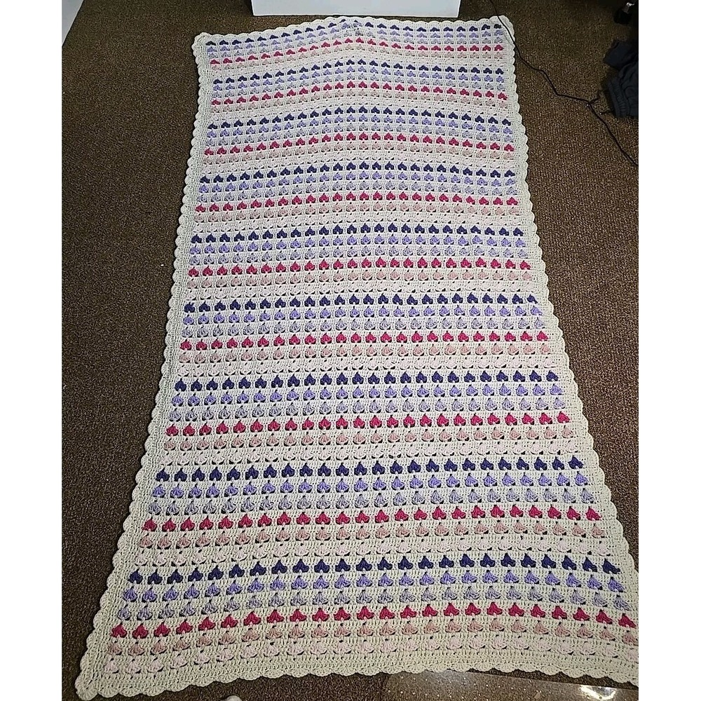 Handmade Afghan Crochet Multicolor Hearts Throw Grannycore Valentine's Day